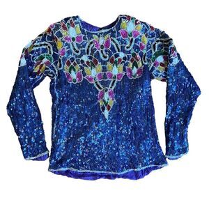 Vintage Carolyne Barton Night Size Small Pure Silk Blue Colorful Sequin Top